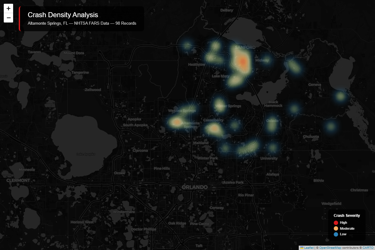 Road network heatmap visualizing crash density for safety analysis